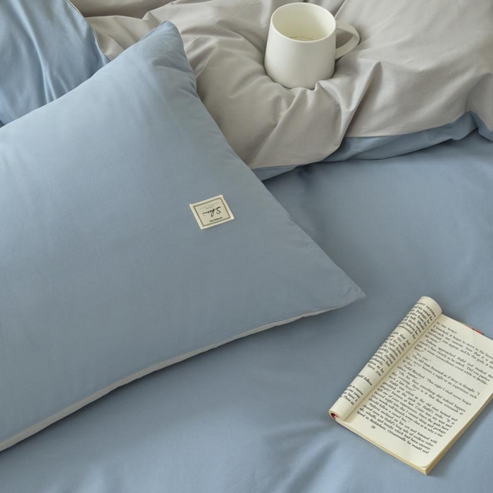 91家纺网 家纺一手货源 找家纺 ab家纺 2025新款色织全棉40支水洗棉四件套--双拼第二组 浅蓝灰