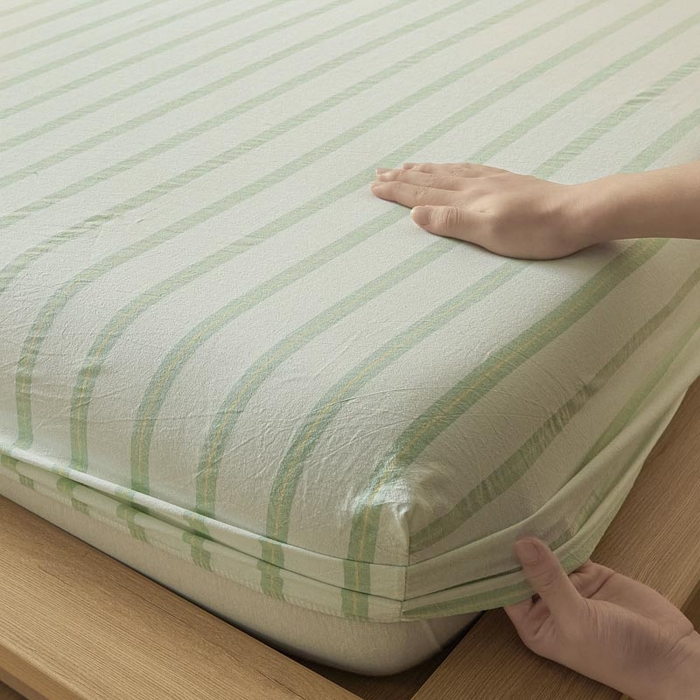 91家纺网 家纺一手货源 找家纺 ab家纺 2025新款简约色织水洗棉床笠 平行线-绿