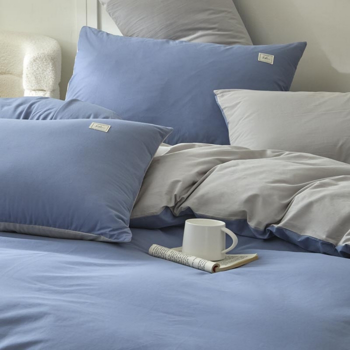 91家纺网 家纺一手货源 找家纺 ab家纺 2025新款色织全棉40支水洗棉四件套--双拼第二组 宾利蓝浅灰