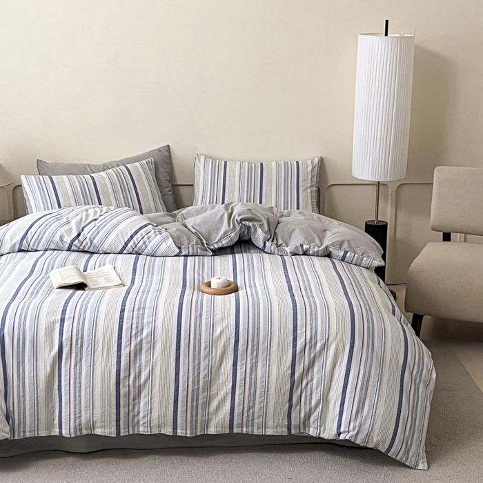 91家纺网 家纺一手货源 找家纺 ab家纺 2024新款色织全棉40支水洗棉条纹四件套  西蒙-蓝