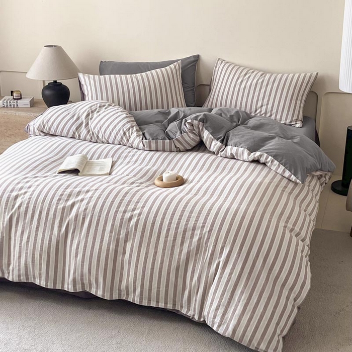 91家纺网 家纺一手货源 找家纺 ab家纺 2024新款色织全棉40支水洗棉条纹四件套  天竺棉 稀咖