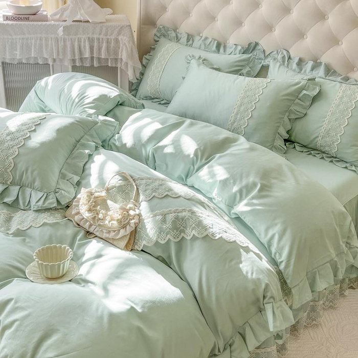 91家纺网 家纺一手货源 找家纺 恋尚 2025新款60贡缎长绒棉床笠裙款四件套-赫朵 赫朵 香草绿