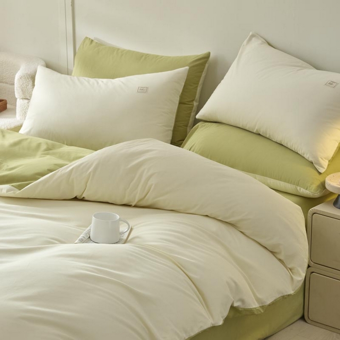 91家纺网 家纺一手货源 找家纺 ab家纺 2025新款色织全棉40支水洗棉四件套--双拼第二组 杏黄橄榄绿