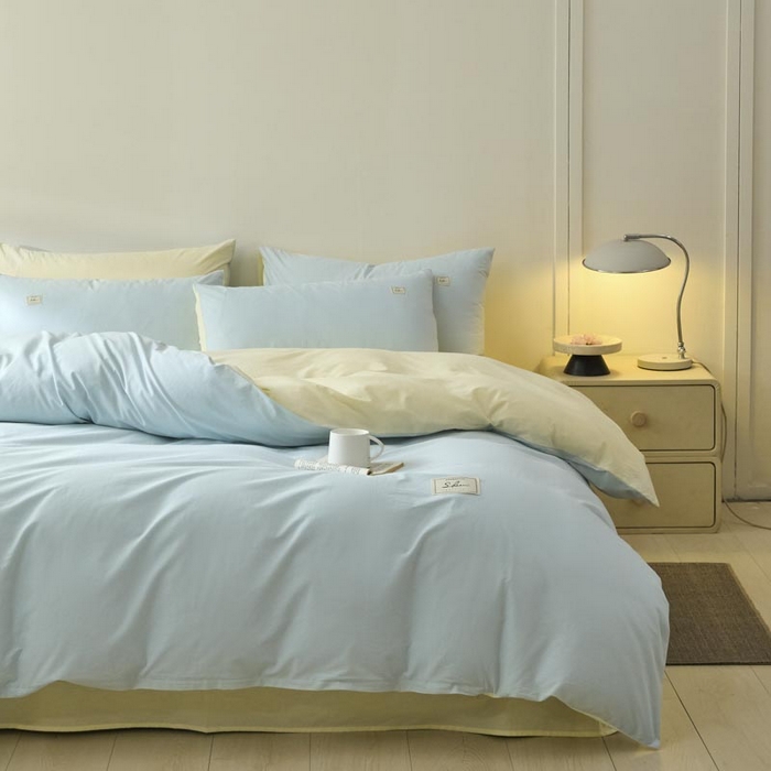 91家纺网 家纺一手货源 找家纺 ab家纺 2025新款色织全棉40支水洗棉四件套--双拼第二组 天空蓝杏黄