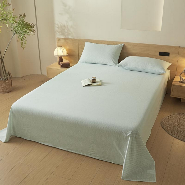 91家纺网 家纺一手货源 找家纺 ab家纺 2025新款简约色织水洗棉床单 可颂-蓝