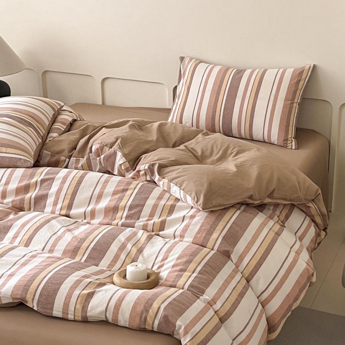 91家纺网 家纺一手货源 找家纺 ab家纺 2024新款色织全棉40支水洗棉条纹四件套  拉菲尔-咖