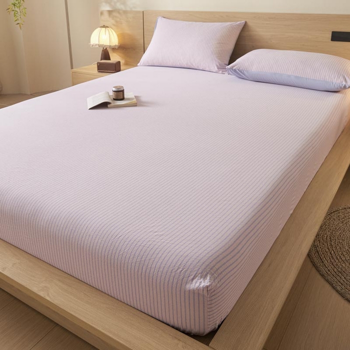 91家纺网 家纺一手货源 找家纺 ab家纺 2025新款简约色织水洗棉床笠 余晖-粉蓝