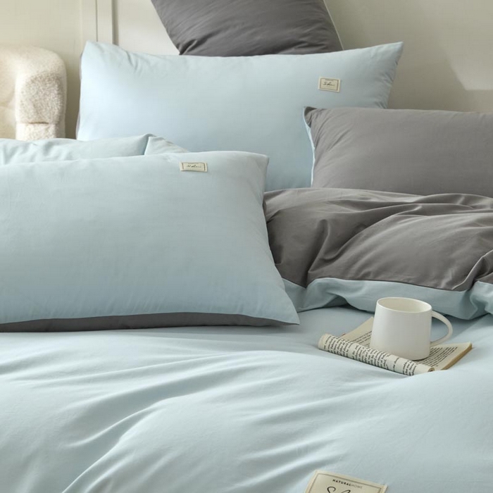 91家纺网 家纺一手货源 找家纺 ab家纺 2025新款色织全棉40支水洗棉四件套--双拼第二组 天空蓝深灰