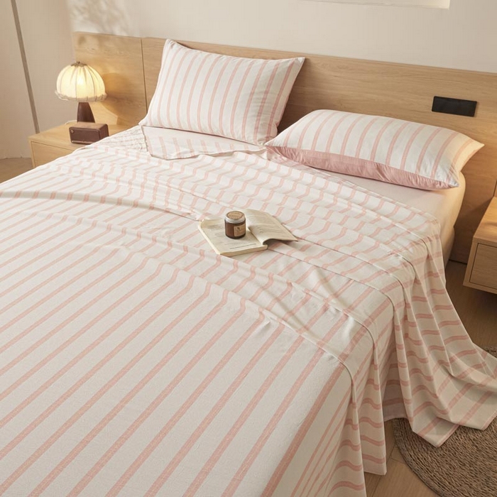 91家纺网 家纺一手货源 找家纺 ab家纺 2025新款简约色织水洗棉床单 平行线-桔