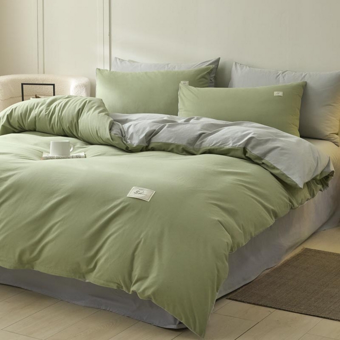 91家纺网 家纺一手货源 找家纺 ab家纺 2025新款色织全棉40支水洗棉四件套--双拼第二组 素绿浅灰