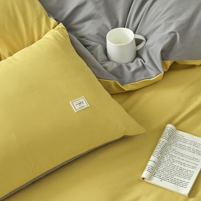 91家纺网 家纺一手货源 找家纺 ab家纺 2025新款色织全棉40支水洗棉四件套--双拼第二组 姜黄深灰