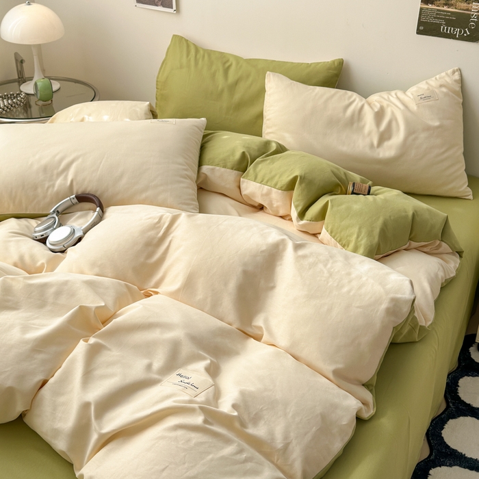 91家纺网 家纺一手货源 找家纺 曼之夏 2025新款全棉双拼四件套 贴标-米色+草绿