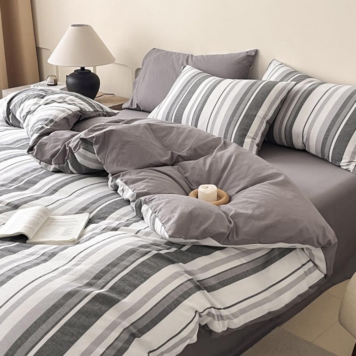 91家纺网 家纺一手货源 找家纺 ab家纺 2024新款色织全棉40支水洗棉条纹四件套  拉菲尔-灰