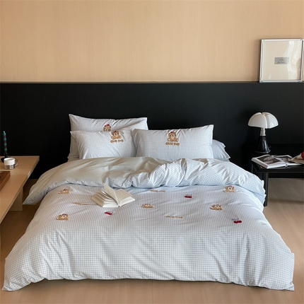 FORTWO家纺 2025新款全棉长绒棉格子卡通毛巾绣四件套 樱桃熊