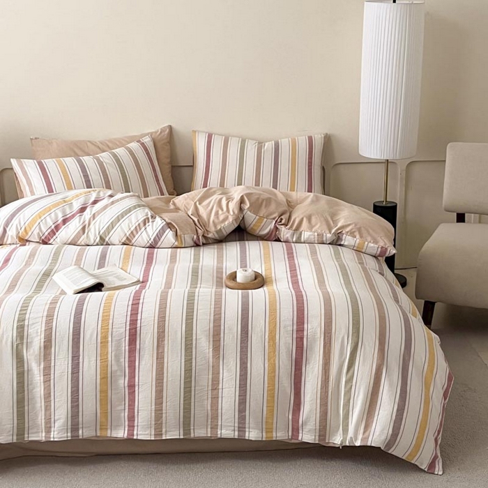 91家纺网 家纺一手货源 找家纺 ab家纺 2024新款色织全棉40支水洗棉条纹四件套  里威 五彩条