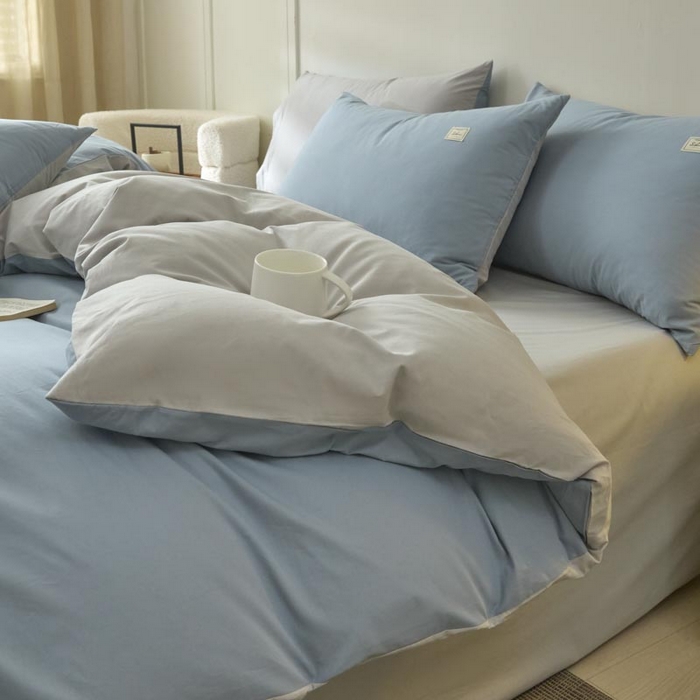 91家纺网 家纺一手货源 找家纺 ab家纺 2025新款色织全棉40支水洗棉四件套--双拼第二组 浅蓝灰