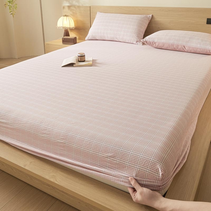 91家纺网 家纺一手货源 找家纺 ab家纺 2025新款简约色织水洗棉床笠 芙卡格-粉