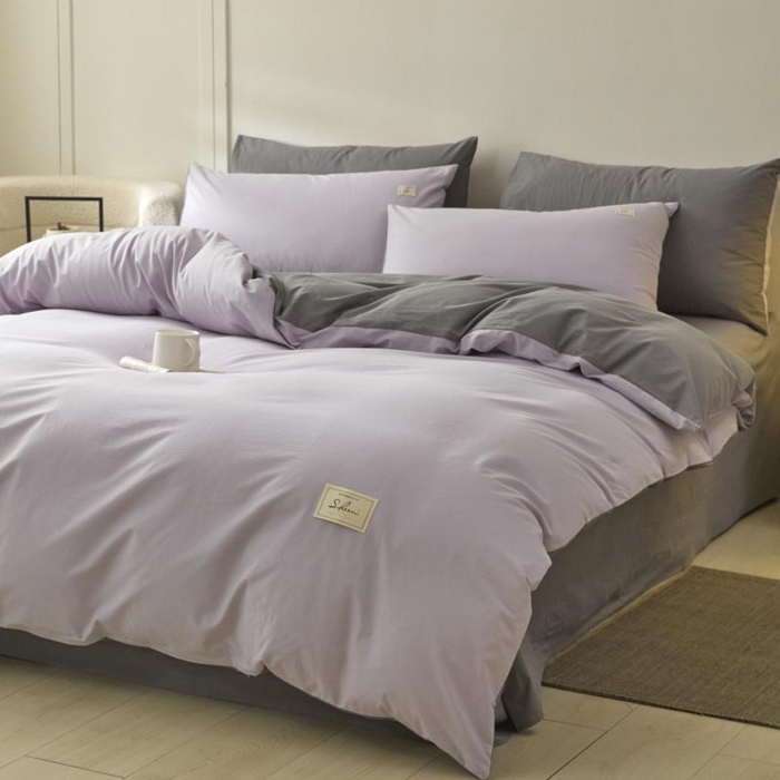 91家纺网 家纺一手货源 找家纺 ab家纺 2025新款色织全棉40支水洗棉四件套--双拼第二组 香芋紫深灰