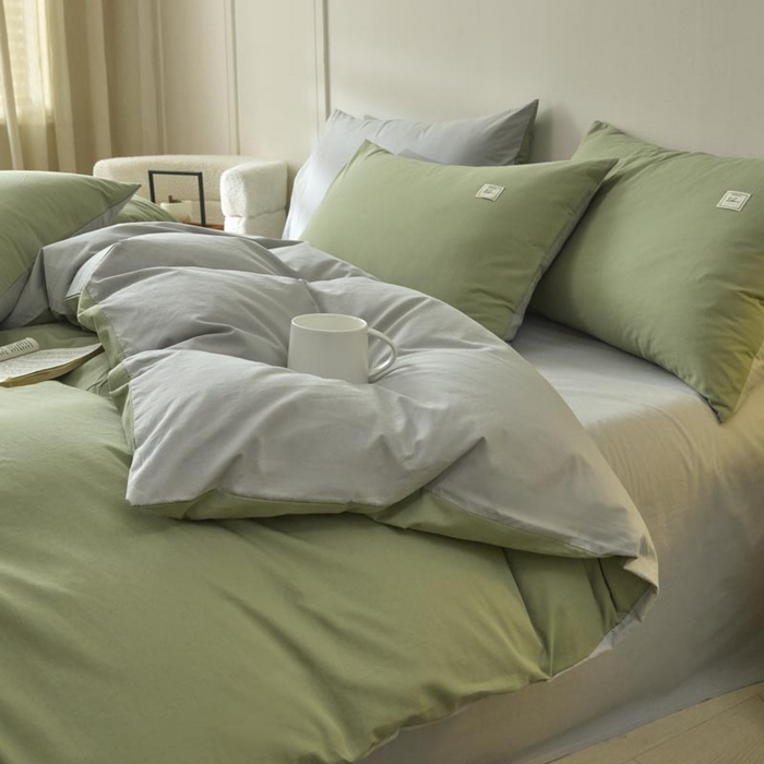 91家纺网 家纺一手货源 找家纺 ab家纺 2025新款色织全棉40支水洗棉四件套--双拼第二组 素绿浅灰
