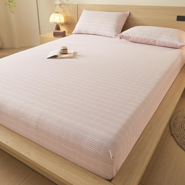 91家纺网 家纺一手货源 找家纺 ab家纺 2025新款简约色织水洗棉床笠 芙卡格-粉