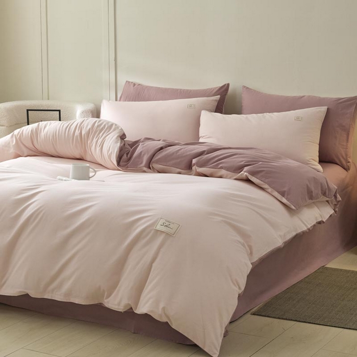 91家纺网 家纺一手货源 找家纺 ab家纺 2025新款色织全棉40支水洗棉四件套--双拼第二组 微微粉豆沙