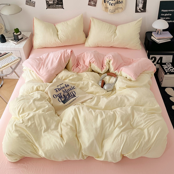 91家纺网 家纺一手货源 找家纺 优承佳生活馆 2025新款ins风纯色水洗m四件套 柠檬粉