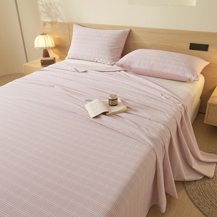 91家纺网 家纺一手货源 找家纺 ab家纺 2025新款简约色织水洗棉床单 芙卡格-粉