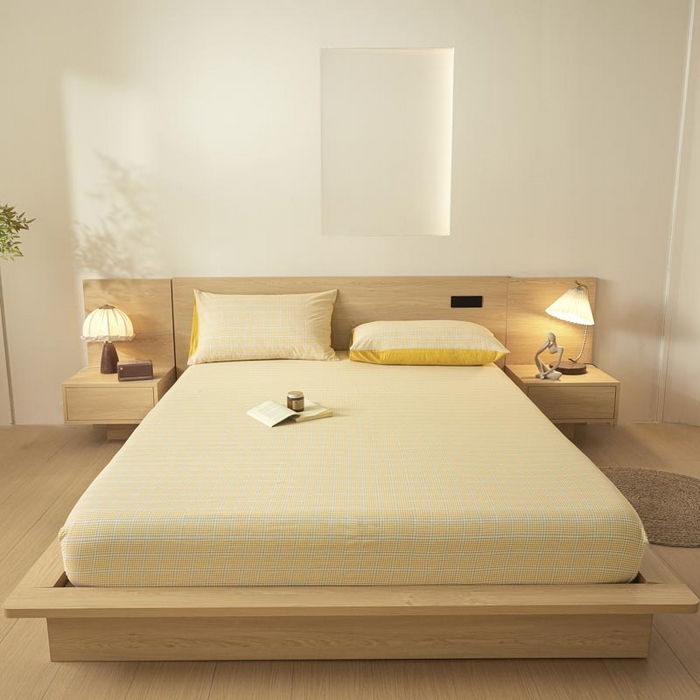 91家纺网 家纺一手货源 找家纺 ab家纺 2025新款简约色织水洗棉床笠 芙卡格-黄