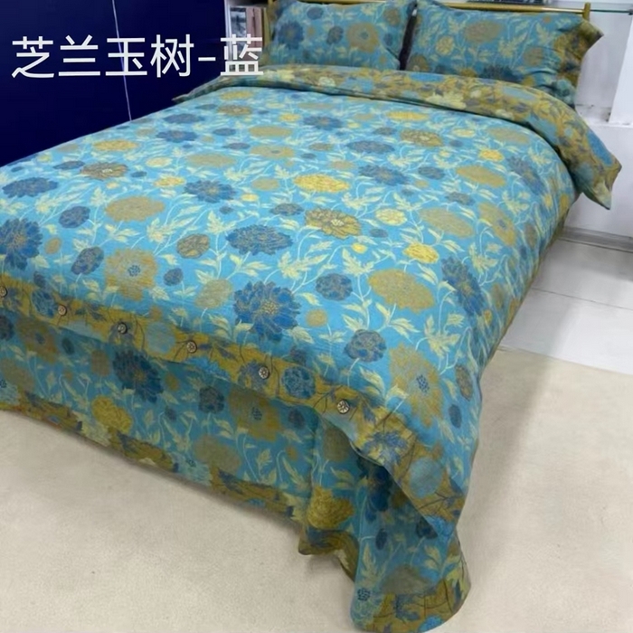 91家纺网 家纺一手货源 找家纺 鲁爱 2025新款全棉色织双层纱纽扣款四件套 芝兰玉树-蓝