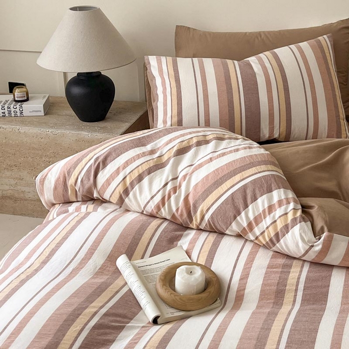 91家纺网 家纺一手货源 找家纺 ab家纺 2024新款色织全棉40支水洗棉条纹四件套  拉菲尔-咖