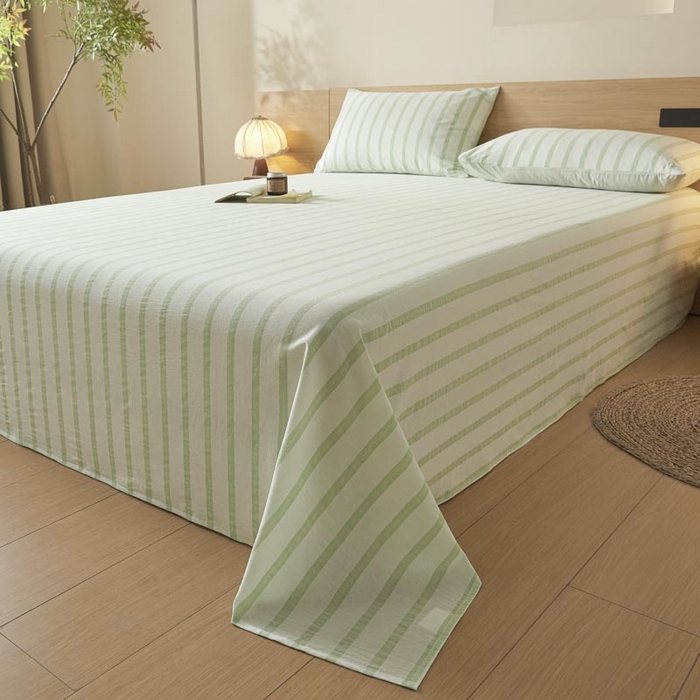 91家纺网 家纺一手货源 找家纺 ab家纺 2025新款简约色织水洗棉床单 平行线-绿