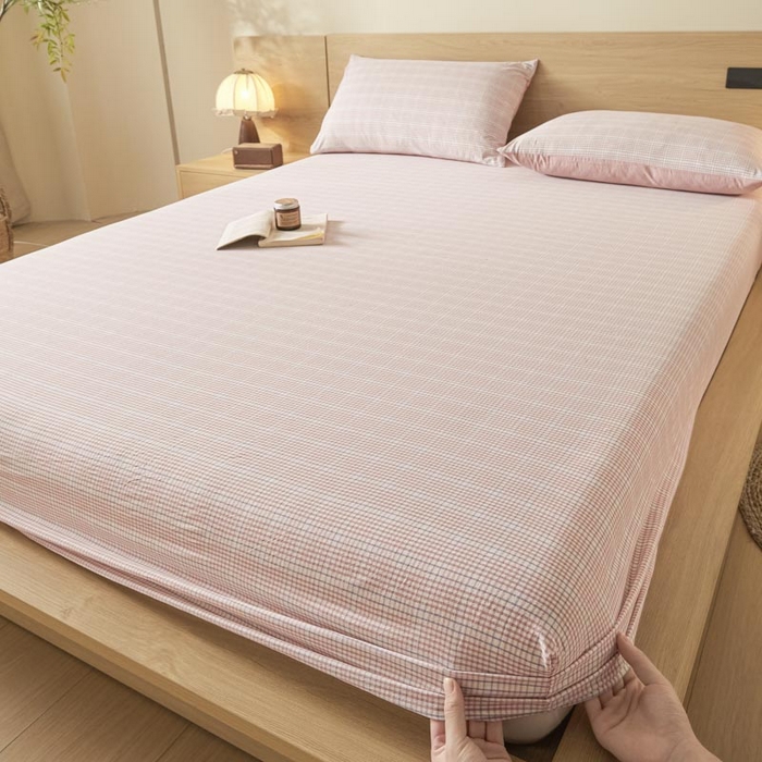 91家纺网 家纺一手货源 找家纺 ab家纺 2025新款简约色织水洗棉床笠 芙卡格-粉