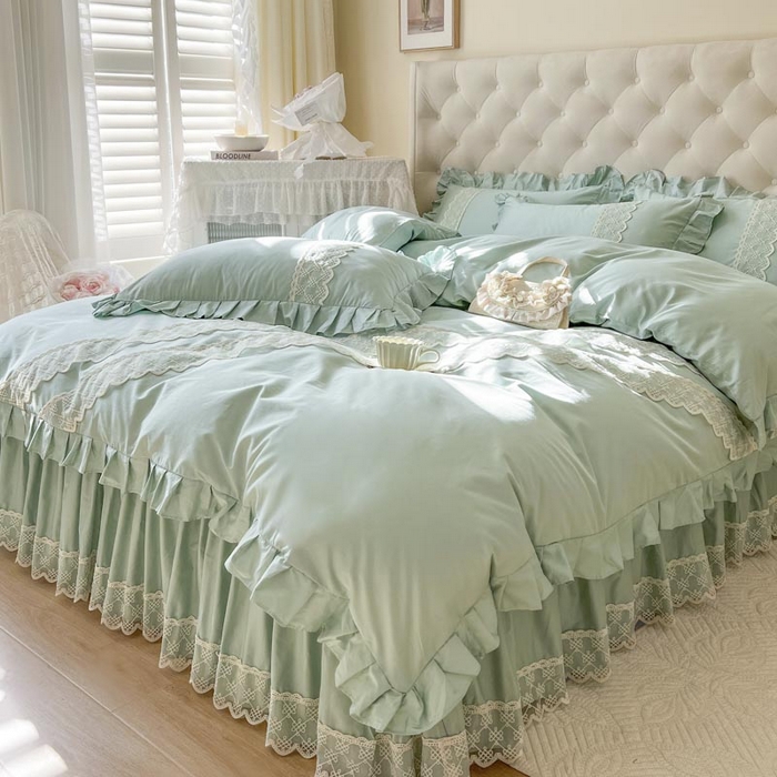 91家纺网 家纺一手货源 找家纺 恋尚 2025新款60贡缎长绒棉床笠裙款四件套-赫朵 赫朵 香草绿