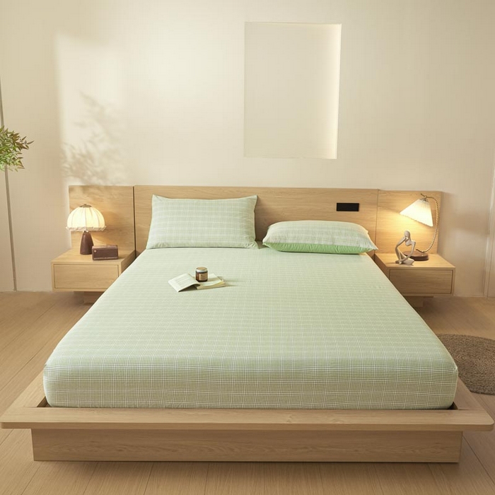 91家纺网 家纺一手货源 找家纺 ab家纺 2025新款简约色织水洗棉床笠 可颂-绿