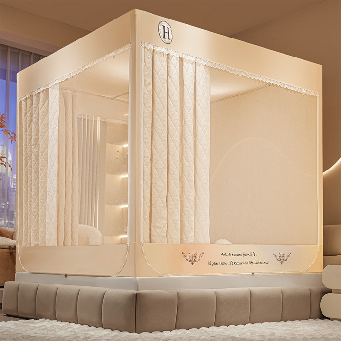 91家纺网 家纺一手货源 找家纺 艾晶美家纺有限公司 2025新款夹棉保暖坐式床帘蚊帐 夹棉款罗曼米咖