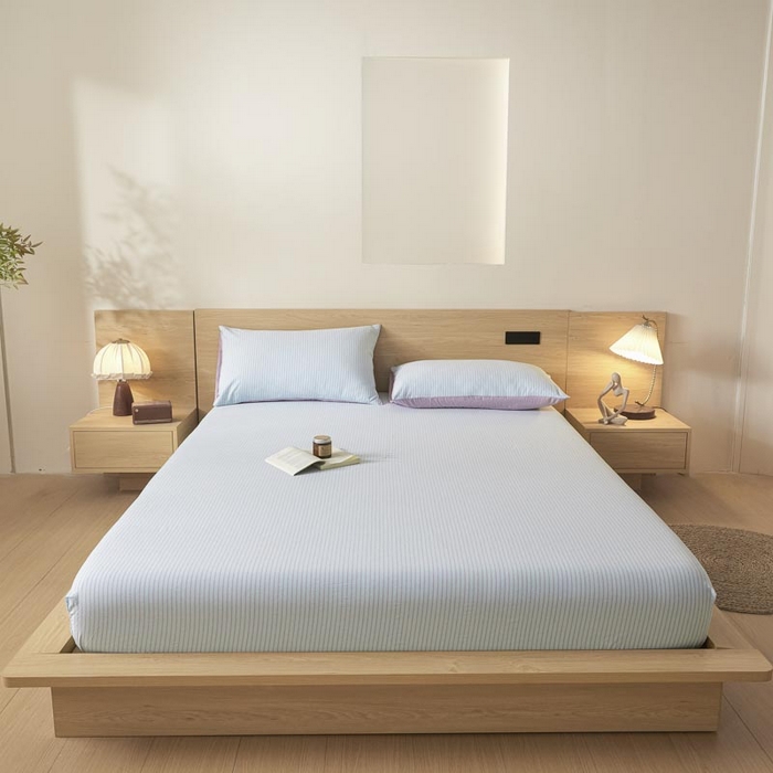 91家纺网 家纺一手货源 找家纺 ab家纺 2025新款简约色织水洗棉床笠 余晖-蓝紫