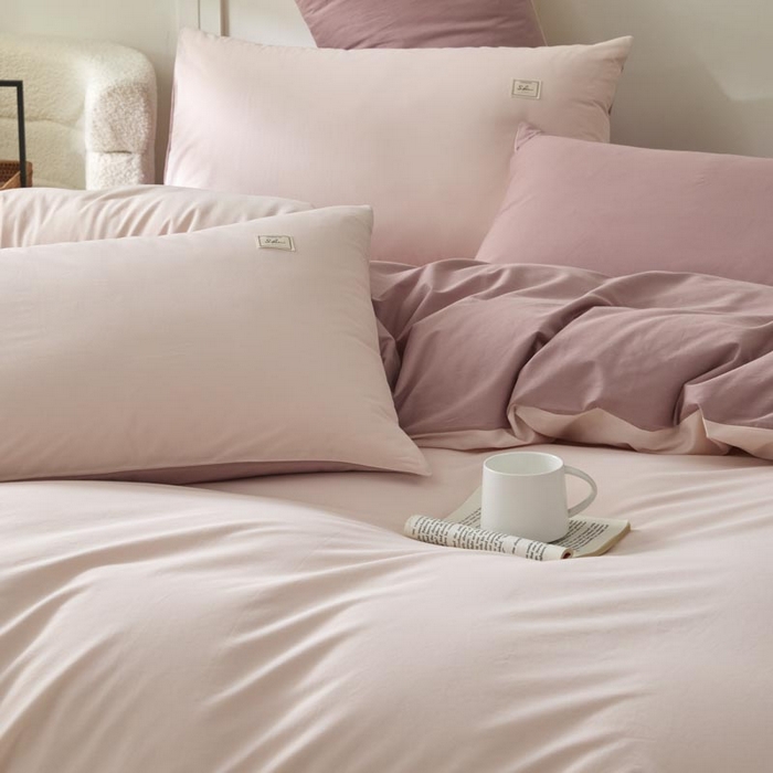 91家纺网 家纺一手货源 找家纺 ab家纺 2025新款色织全棉40支水洗棉四件套--双拼第二组 微微粉豆沙