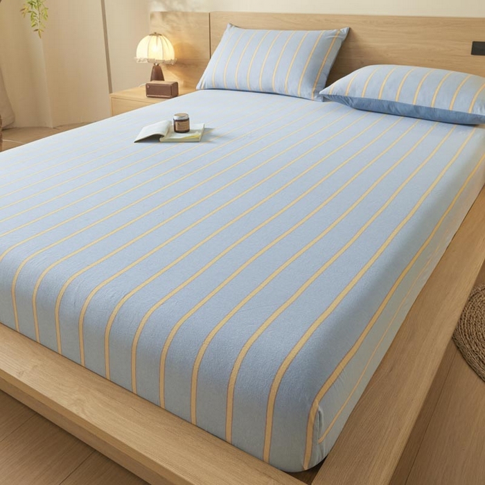 91家纺网 家纺一手货源 找家纺 ab家纺 2025新款简约色织水洗棉床笠 弗兰西-蓝