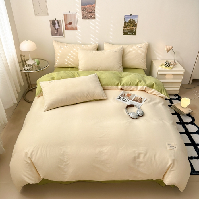 91家纺网 家纺一手货源 找家纺 曼之夏 2025新款全棉双拼四件套 贴标-米色+草绿