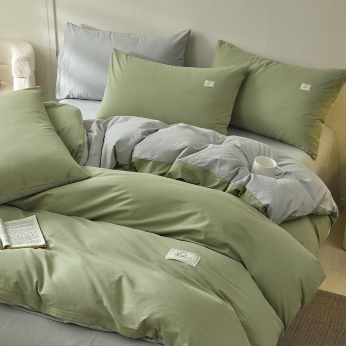 91家纺网 家纺一手货源 找家纺 ab家纺 2025新款色织全棉40支水洗棉四件套--双拼第二组 素绿浅灰