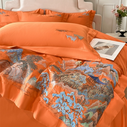 91家纺网 家纺一手货源 找家纺 帝王家纺 2025新款亲肤棉磨毛重工绣花四件套-锦绣山河 锦绣山河-爱马橙