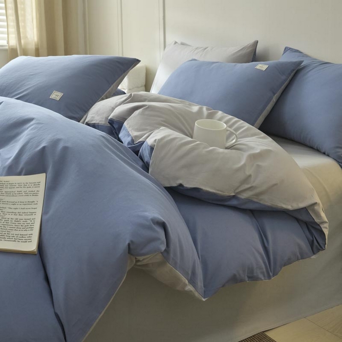 91家纺网 家纺一手货源 找家纺 ab家纺 2025新款色织全棉40支水洗棉四件套--双拼第二组 宾利蓝浅灰