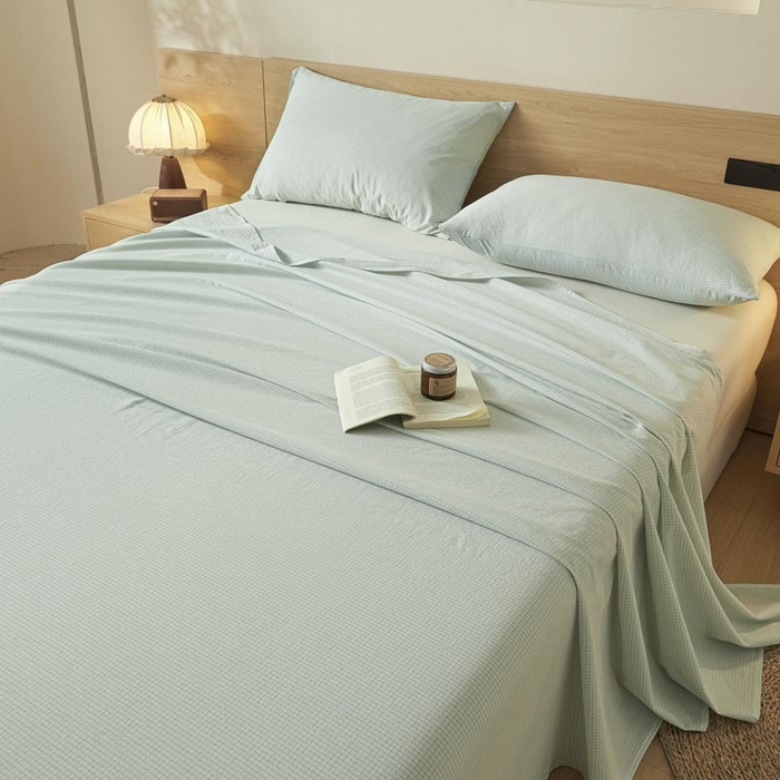 91家纺网 家纺一手货源 找家纺 ab家纺 2025新款简约色织水洗棉床单 可颂-蓝