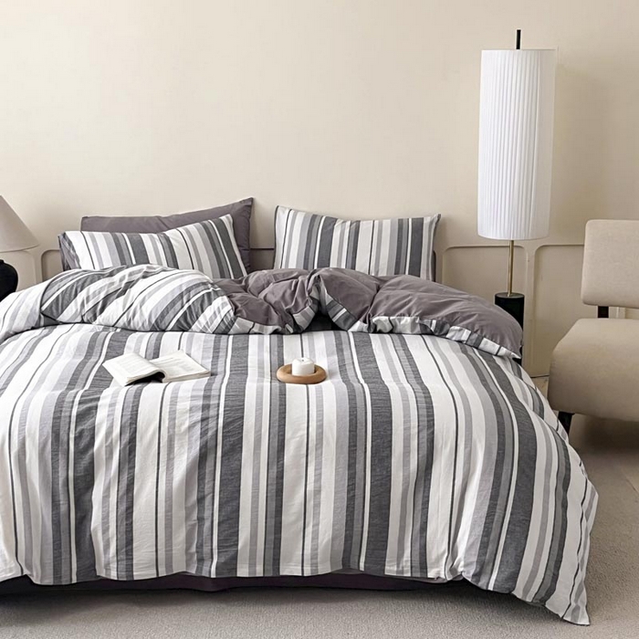 91家纺网 家纺一手货源 找家纺 ab家纺 2024新款色织全棉40支水洗棉条纹四件套  拉菲尔-灰