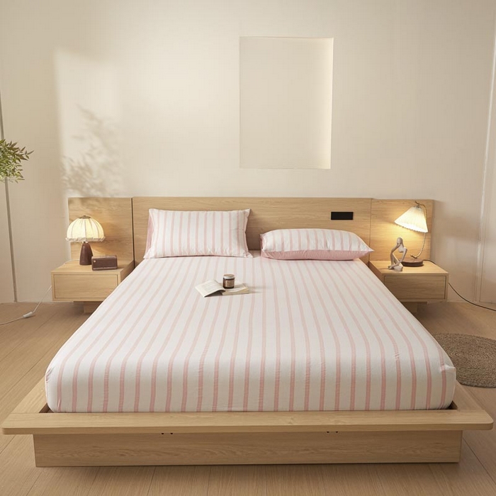 91家纺网 家纺一手货源 找家纺 ab家纺 2025新款简约色织水洗棉床笠 平行线-桔