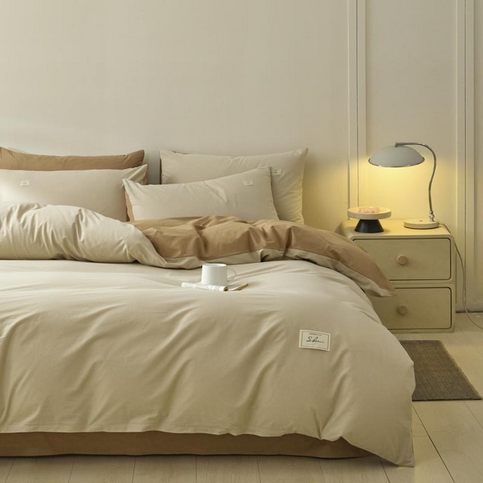 91家纺网 家纺一手货源 找家纺 ab家纺 2025新款色织全棉40支水洗棉四件套--双拼第二组 卡其米咖