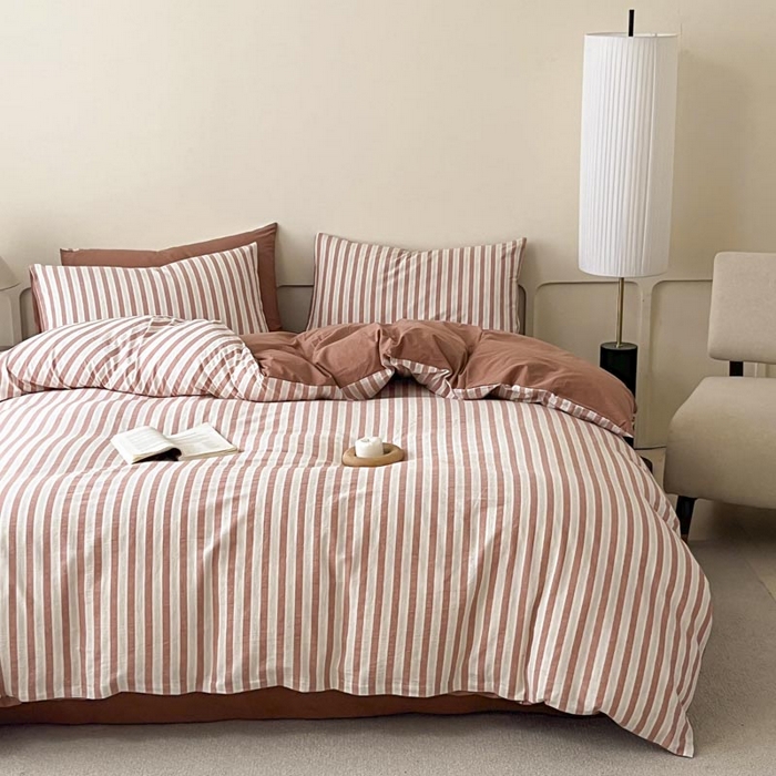 91家纺网 家纺一手货源 找家纺 ab家纺 2024新款色织全棉40支水洗棉条纹四件套  天竺棉 番茄红