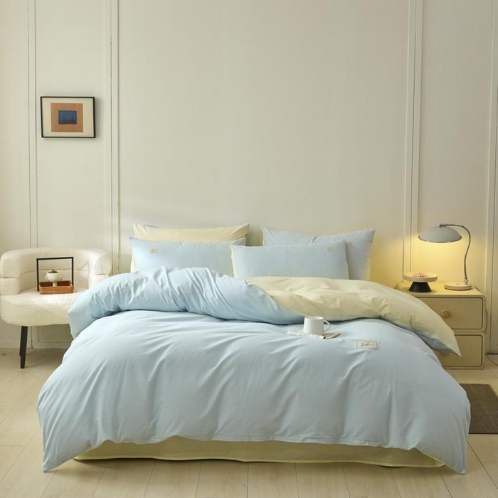 91家纺网 家纺一手货源 找家纺 ab家纺 2025新款色织全棉40支水洗棉四件套--双拼第二组 天空蓝杏黄