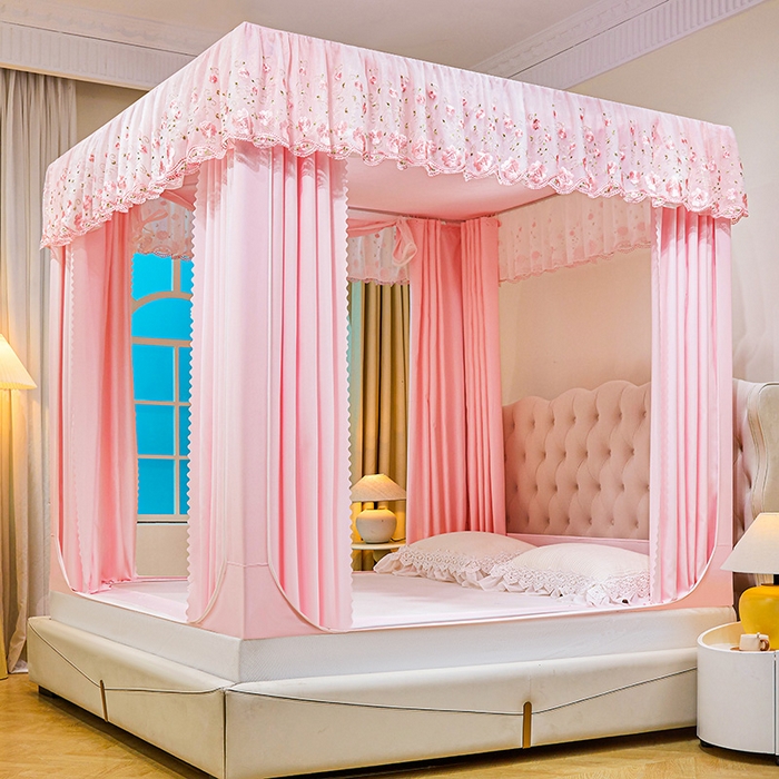 91家纺网 家纺一手货源 找家纺 艾晶美家纺有限公司 2025新款坐式刺绣床帘蚊帐 樱花粉