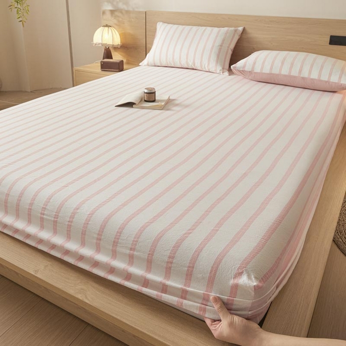 91家纺网 家纺一手货源 找家纺 ab家纺 2025新款简约色织水洗棉床笠 平行线-桔